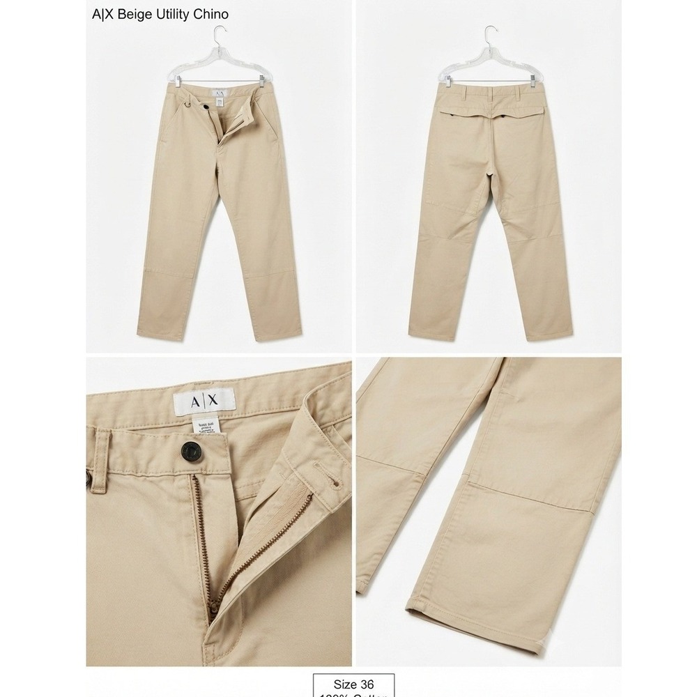 Armani Exchange Utility Chino Men 36 Beige Long Cotton Workwear‎ Pants RN91714